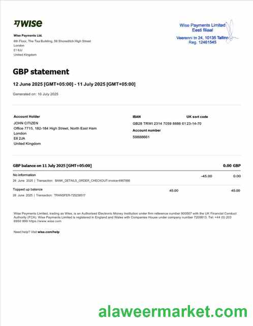 UK Wise Payments account statement Word and PDF template
